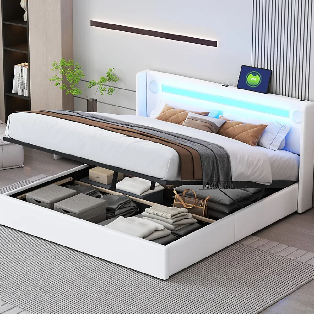 Redom Lit rembourré 160 sur 200 avec éclairage LED lecteur Bluetooth port USB rangement en cuir PU sommier inclus blanc moderne* Lit Avec Rangement