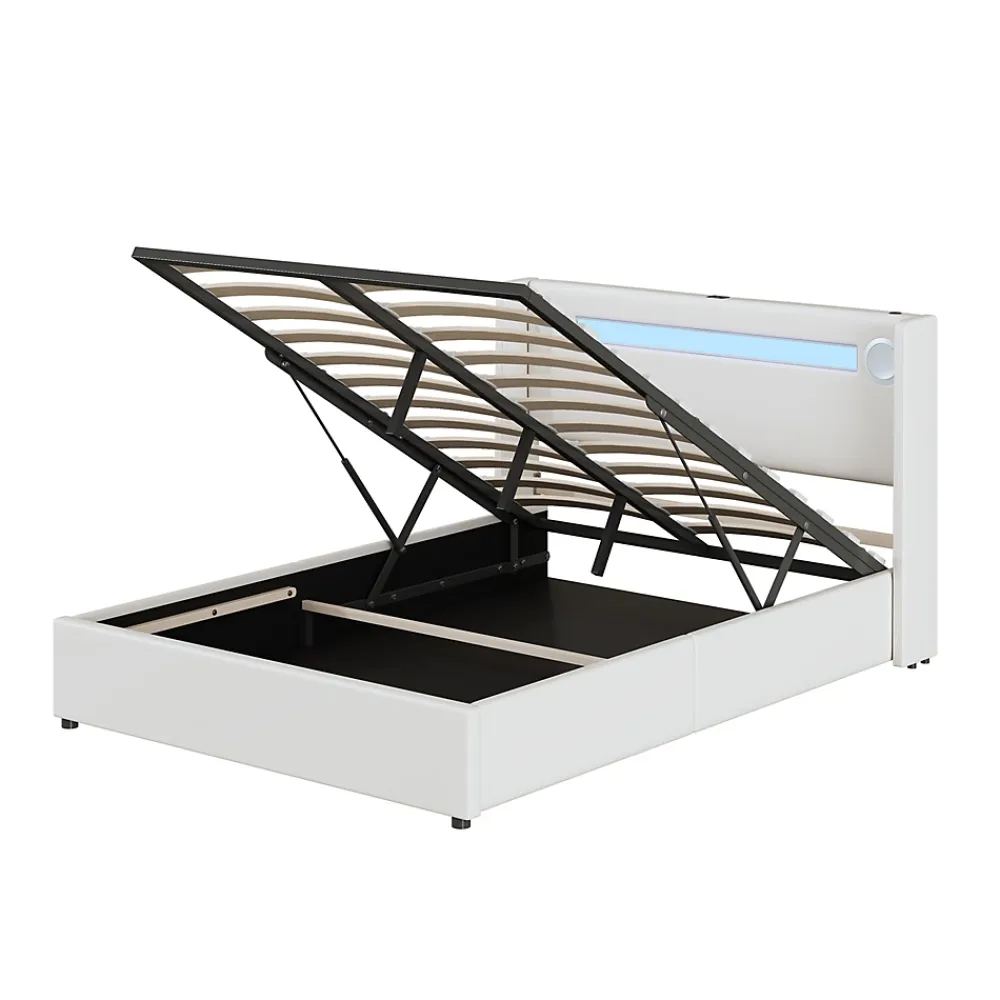 Redom Lit rembourré 140 sur 200 avec éclairage LED lecteur Bluetooth port USB rangement en cuir PU sommier inclus pour chambre* Lit Avec Rangement