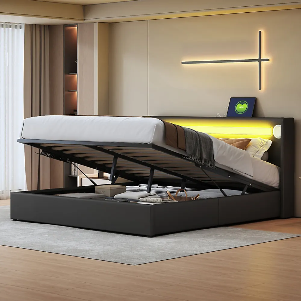 Lit rembourré 160 sur 200 avec éclairage LED lecteur Bluetooth port USB rangement en cuir PU sommier inclus noir élégant>Redom Clearance