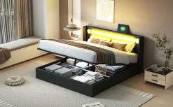 Lit rembourré 160 sur 200 avec éclairage LED lecteur Bluetooth port USB rangement en cuir PU sommier inclus noir élégant><noscript><img width=