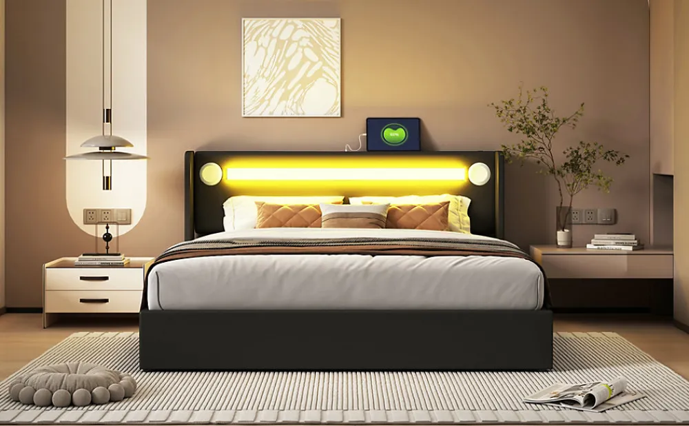 Lit rembourré 160 sur 200 avec éclairage LED lecteur Bluetooth port USB rangement en cuir PU sommier inclus noir élégant>Redom Clearance