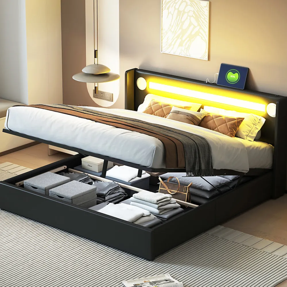 Lit rembourré 160 sur 200 avec éclairage LED lecteur Bluetooth port USB rangement en cuir PU sommier inclus noir élégant>Redom Clearance