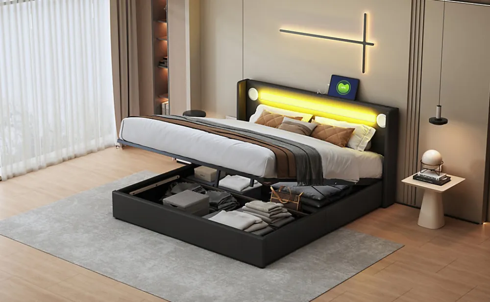 Lit rembourré 160 sur 200 avec éclairage LED lecteur Bluetooth port USB rangement en cuir PU sommier inclus noir élégant>Redom Clearance