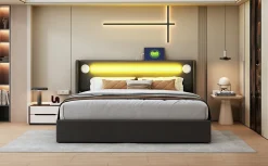 Lit rembourré 160 sur 200 avec éclairage LED lecteur Bluetooth port USB rangement en cuir PU sommier inclus noir élégant><noscript><img width=