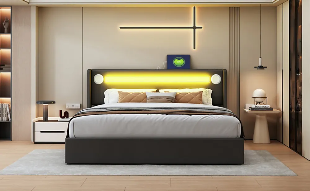 Lit rembourré 160 sur 200 avec éclairage LED lecteur Bluetooth port USB rangement en cuir PU sommier inclus noir élégant>Redom Clearance
