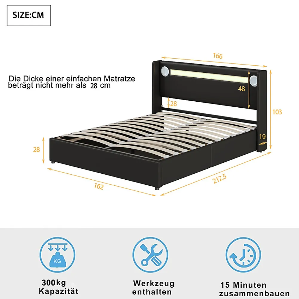 Lit rembourré 160 sur 200 avec éclairage LED lecteur Bluetooth port USB rangement en cuir PU sommier inclus noir élégant>Redom Clearance