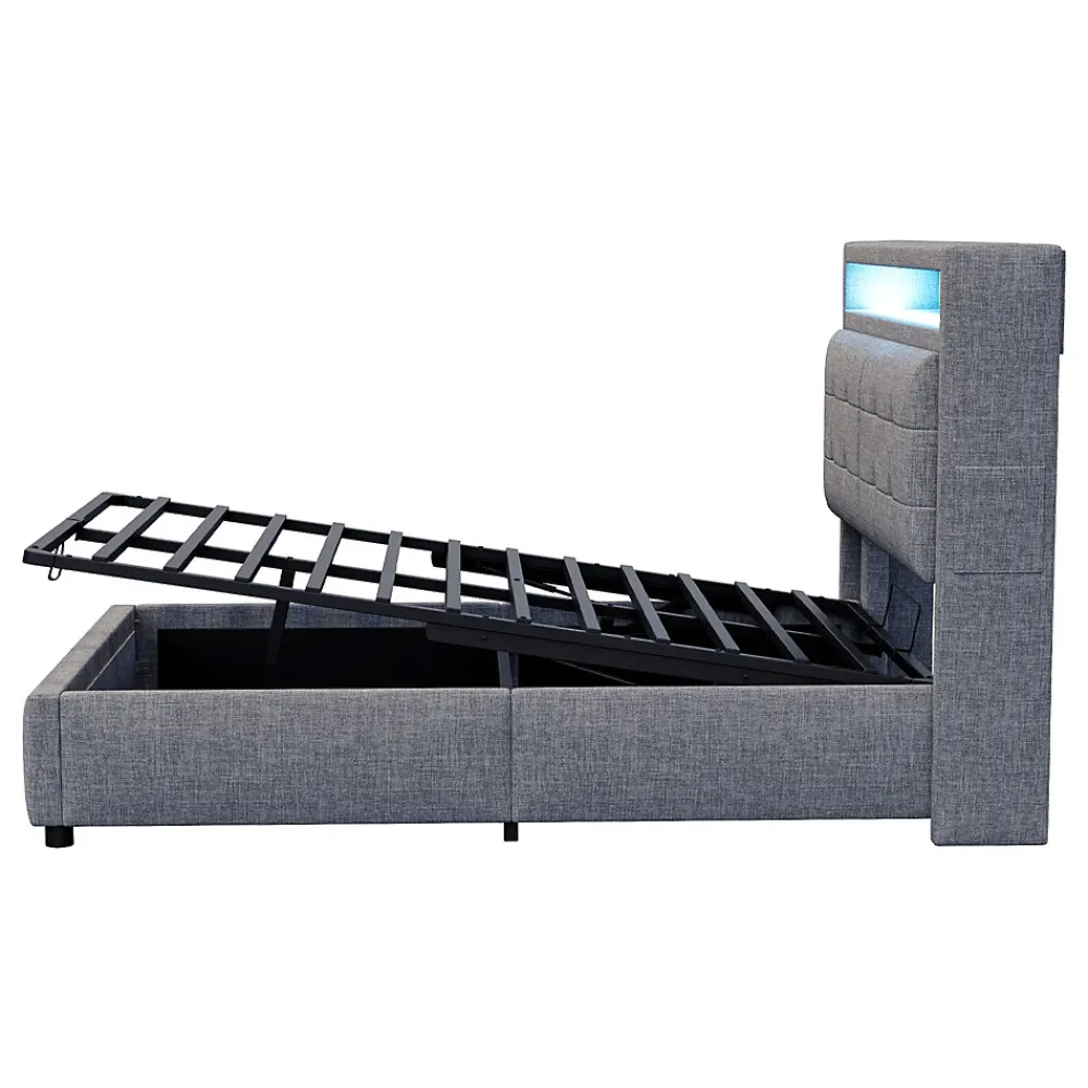 Lit rembourré 140 sur 200 avec LED port USB tête rangement coffre hydraulique avec étagères tissu lin gris>Redom Best