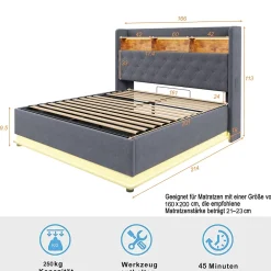 Redom Lit rembourré 160 sur 200 avec rangement hydraulique éclairage LED port USB tissu lin gris moderne* Lit Avec Rangement
