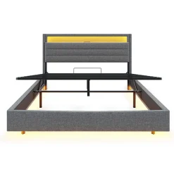 Lit rembourré 140 sur 200 cm cadre flottant hydraulique rangement éclairage LED port USB tête pivotante lin gris><noscript><img width=