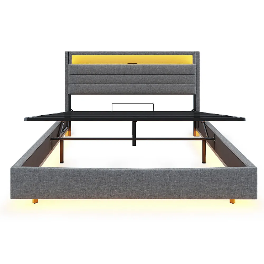 Lit rembourré 140 sur 200 cm cadre flottant hydraulique rangement éclairage LED port USB tête pivotante lin gris>Redom New