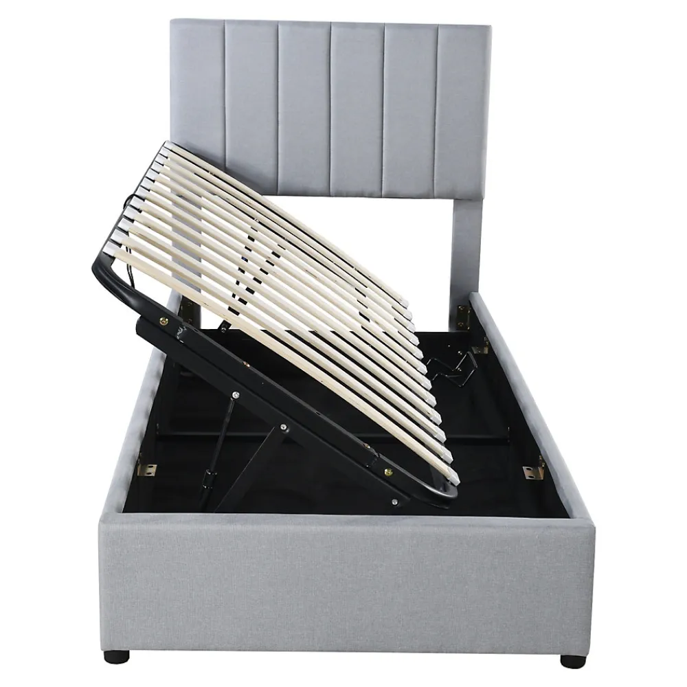 Lit rembourré 90 sur 200 cm coffre à rangement hydraulique tête de lit réglable tissu lin gris adultes ou adolescents>Redom