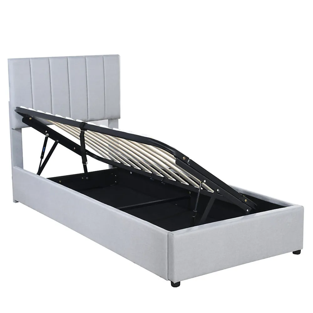Lit rembourré 90 sur 200 cm coffre à rangement hydraulique tête de lit réglable tissu lin gris adultes ou adolescents>Redom