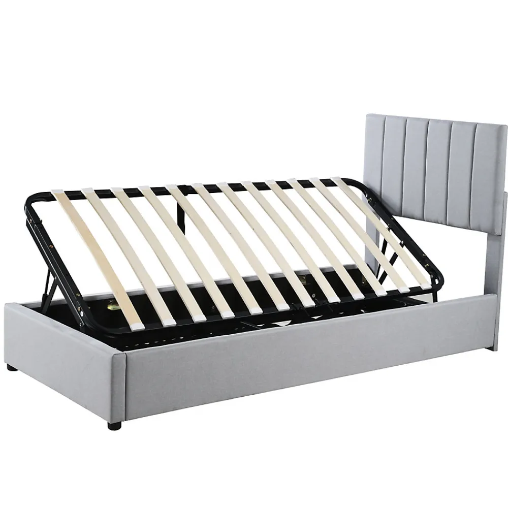Lit rembourré 90 sur 200 cm coffre à rangement hydraulique tête de lit réglable tissu lin gris adultes ou adolescents>Redom