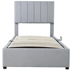Lit rembourré 90 sur 200 cm coffre à rangement hydraulique tête de lit réglable tissu lin gris adultes ou adolescents><noscript><img width=