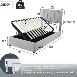 Lit rembourré 90 sur 200 cm coffre à rangement hydraulique tête de lit réglable tissu lin gris adultes ou adolescents><noscript><img width=