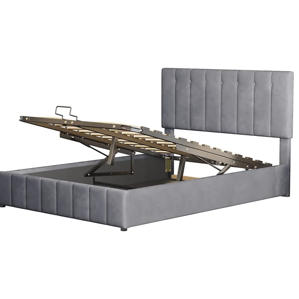 Redom Lit rembourré 140 sur 200 cm coffre hydraulique tête de lit réglable sommier métal velours gris pour adultes ou invités* Lit Avec Rangement