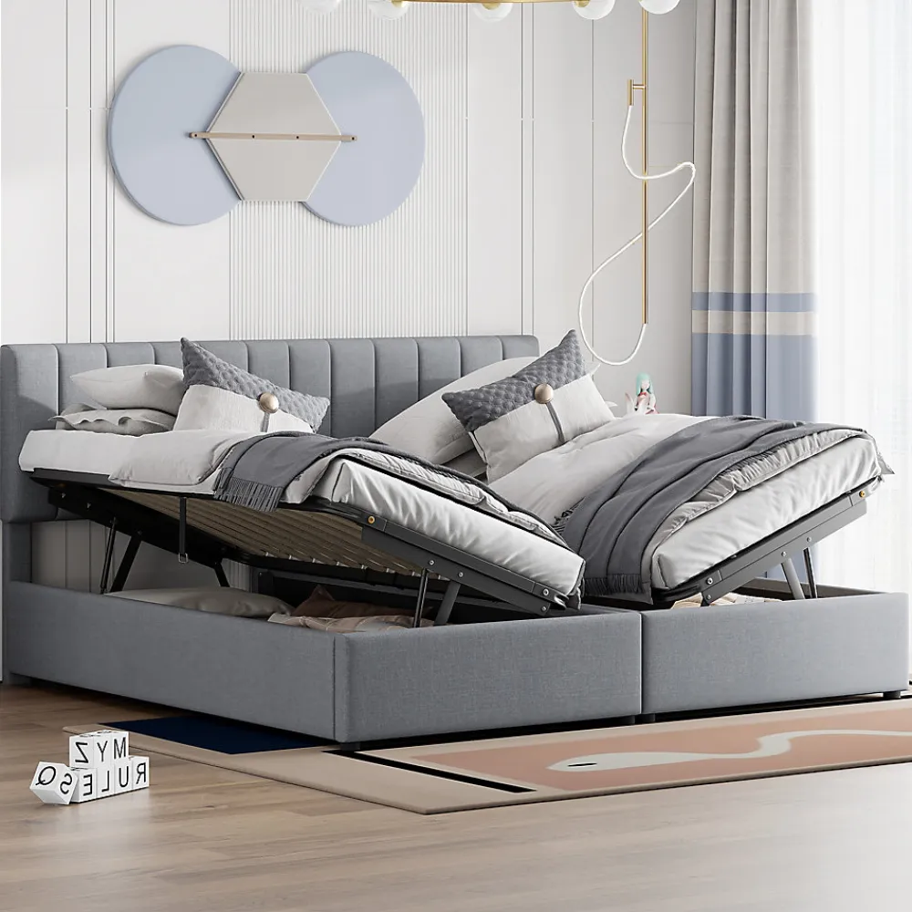 Lit rembourré 180 sur 200 cm coffre hydraulique tissu lin gris lit double multifonction adulte ou invité>Redom New