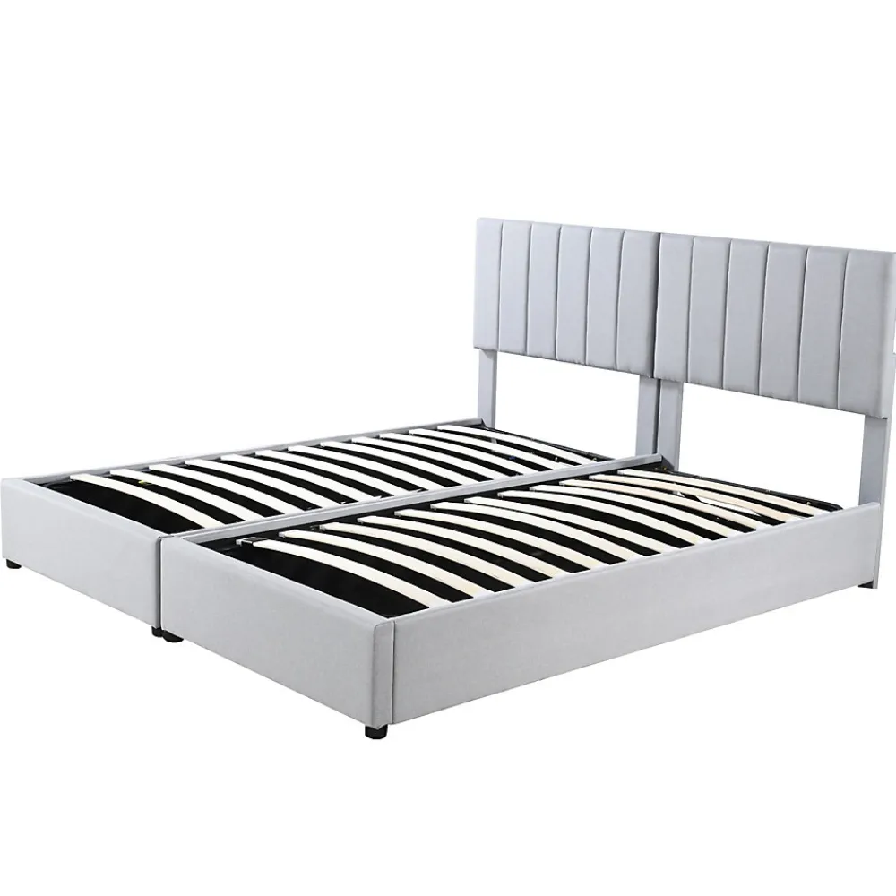 Lit rembourré 180 sur 200 cm coffre hydraulique tissu lin gris lit double multifonction adulte ou invité>Redom New