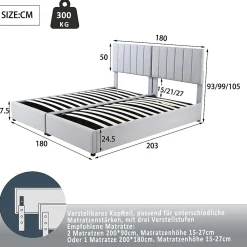 Lit rembourré 180 sur 200 cm coffre hydraulique tissu lin gris lit double multifonction adulte ou invité><noscript><img width=