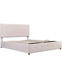 Lit rembourré 140 sur 200 cm coffre hydraulique tête de lit réglable sommier métal velours doux crème pour adultes ou invités><noscript><img width=