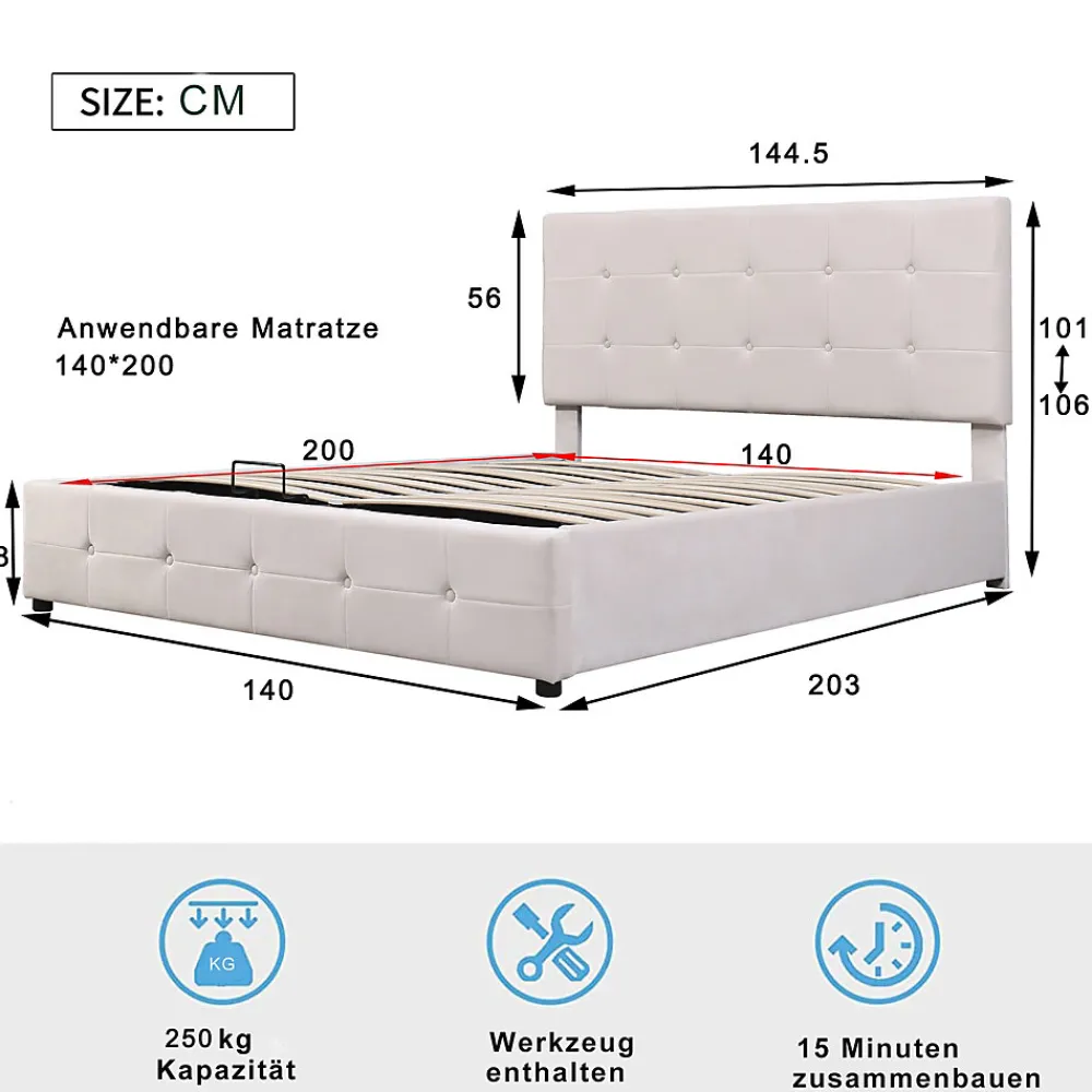 Lit rembourré 140 sur 200 cm coffre hydraulique tête de lit réglable sommier métal velours doux crème pour adultes ou invités>Redom Discount
