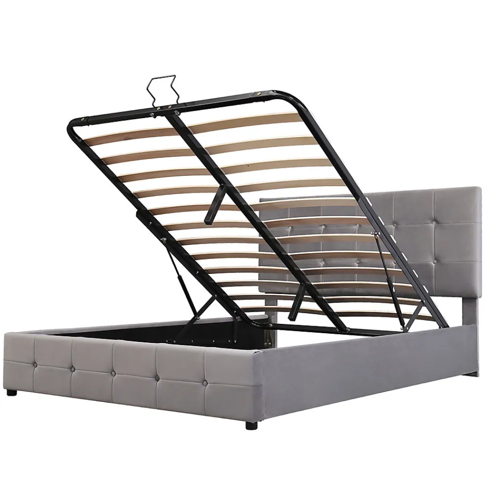 Lit rembourré 140 sur 200 cm coffre hydraulique tête réglable sommier métal velours gris>Redom Sale