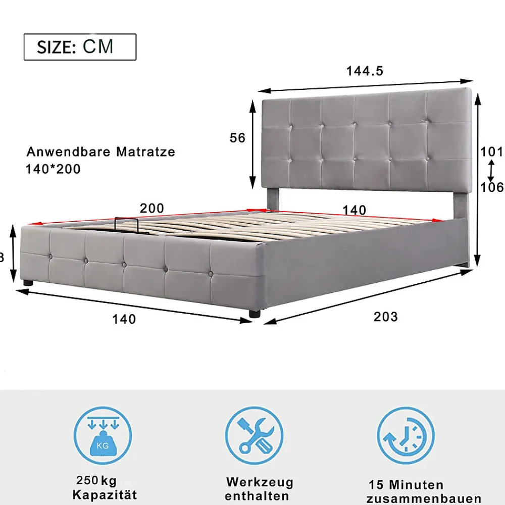 Lit rembourré 140 sur 200 cm coffre hydraulique tête réglable sommier métal velours gris>Redom Sale