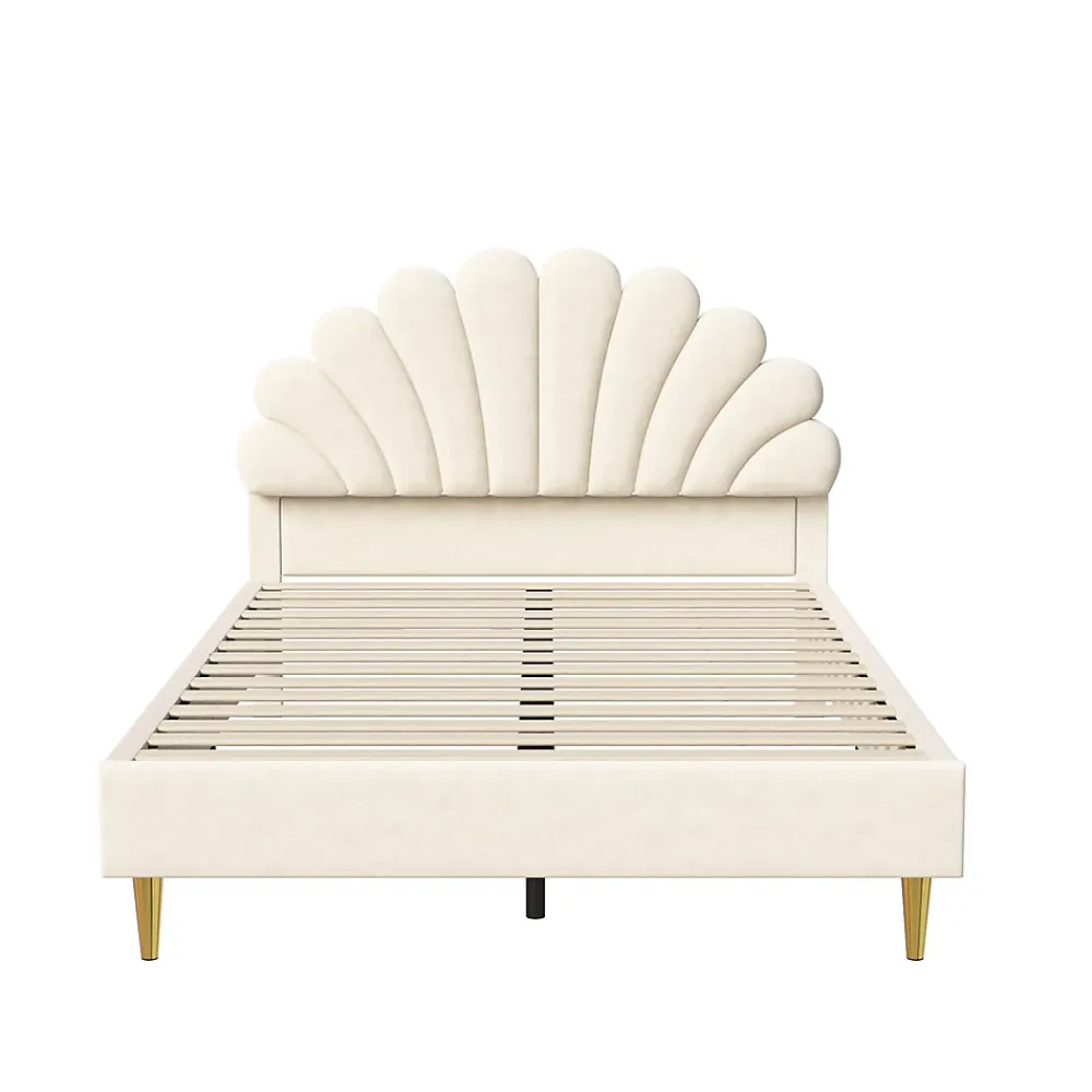 Fortuna lai Lit Rembourré 140 X 200 Cm, Lit Double Avec Tête De Lit à Pétales Et Sommier à Lattes, Velours,beige* Lit Coffre