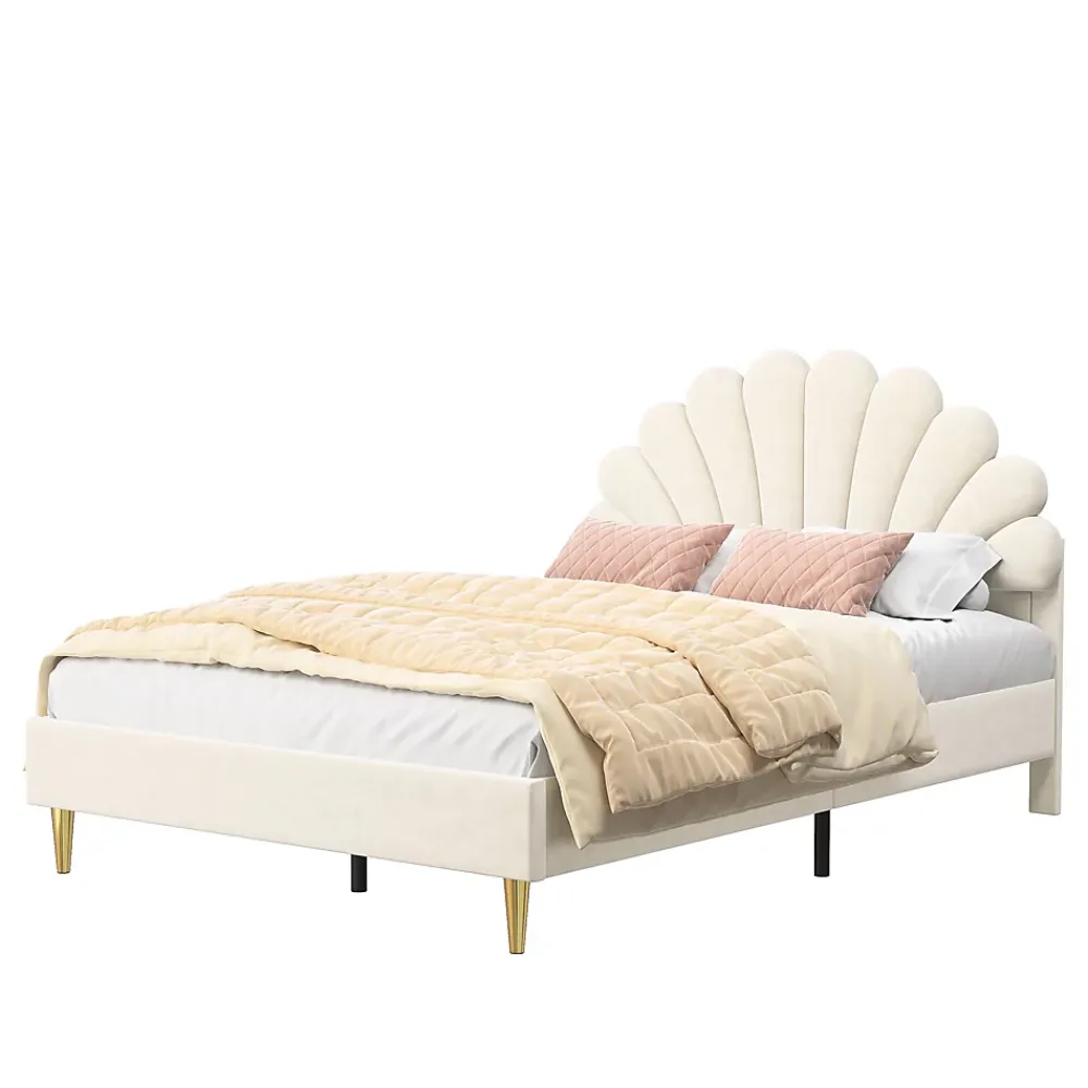 Fortuna lai Lit Rembourré 140 X 200 Cm, Lit Double Avec Tête De Lit à Pétales Et Sommier à Lattes, Velours,beige* Lit Coffre