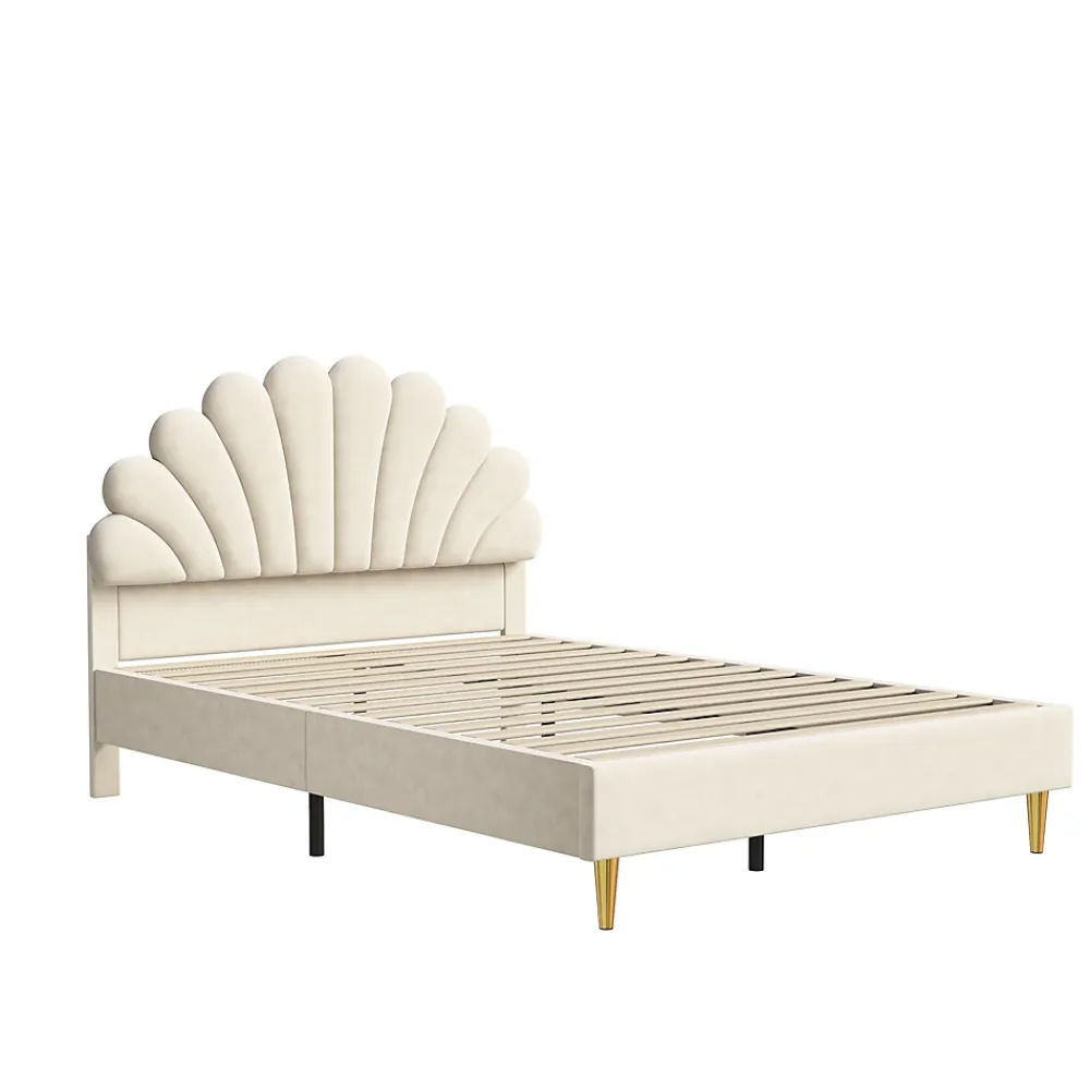 Fortuna lai Lit Rembourré 140 X 200 Cm, Lit Double Avec Tête De Lit à Pétales Et Sommier à Lattes, Velours,beige* Lit Coffre