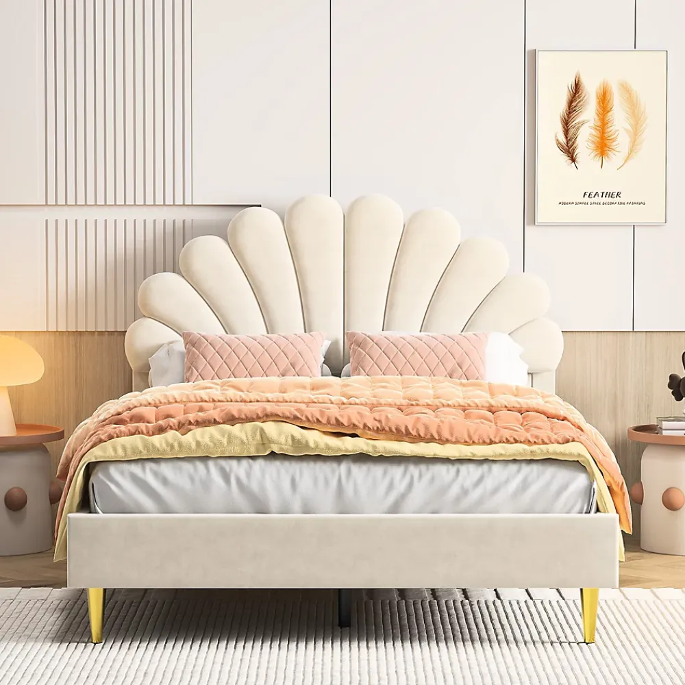 Fortuna lai Lit Rembourré 140 X 200 Cm, Lit Double Avec Tête De Lit à Pétales Et Sommier à Lattes, Velours,beige* Lit Coffre