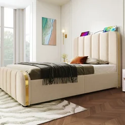 Lit rembourré 90 x 200 cm, lit simple avec 4 tiroirs, tête de lit avec fonction de recharge USB Type-C, lin, beige, sans matelas><noscript><img width=