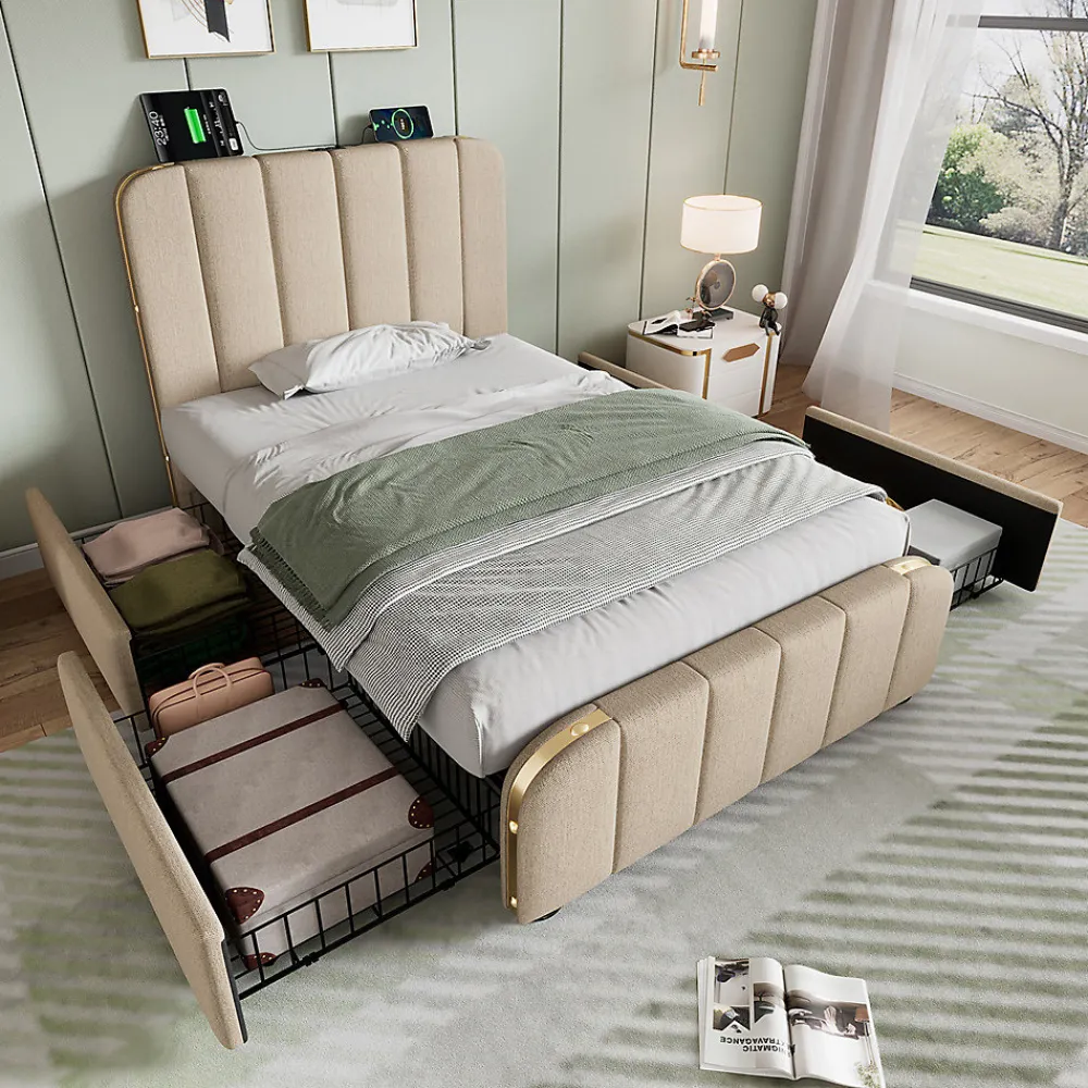 Lit rembourré 90 x 200 cm, lit simple avec 4 tiroirs, tête de lit avec fonction de recharge USB Type-C, lin, beige, sans matelas>Gutent Clearance