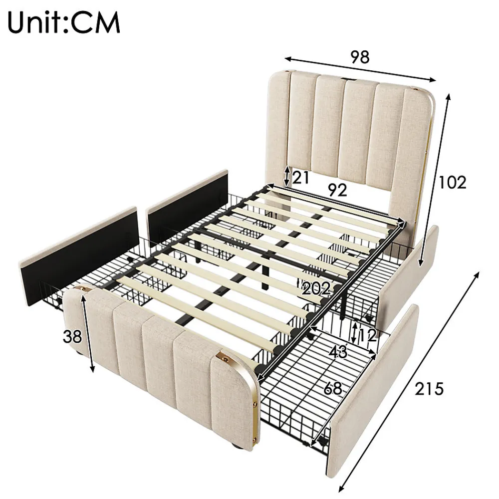Lit rembourré 90 x 200 cm, lit simple avec 4 tiroirs, tête de lit avec fonction de recharge USB Type-C, lin, beige, sans matelas>Gutent Clearance