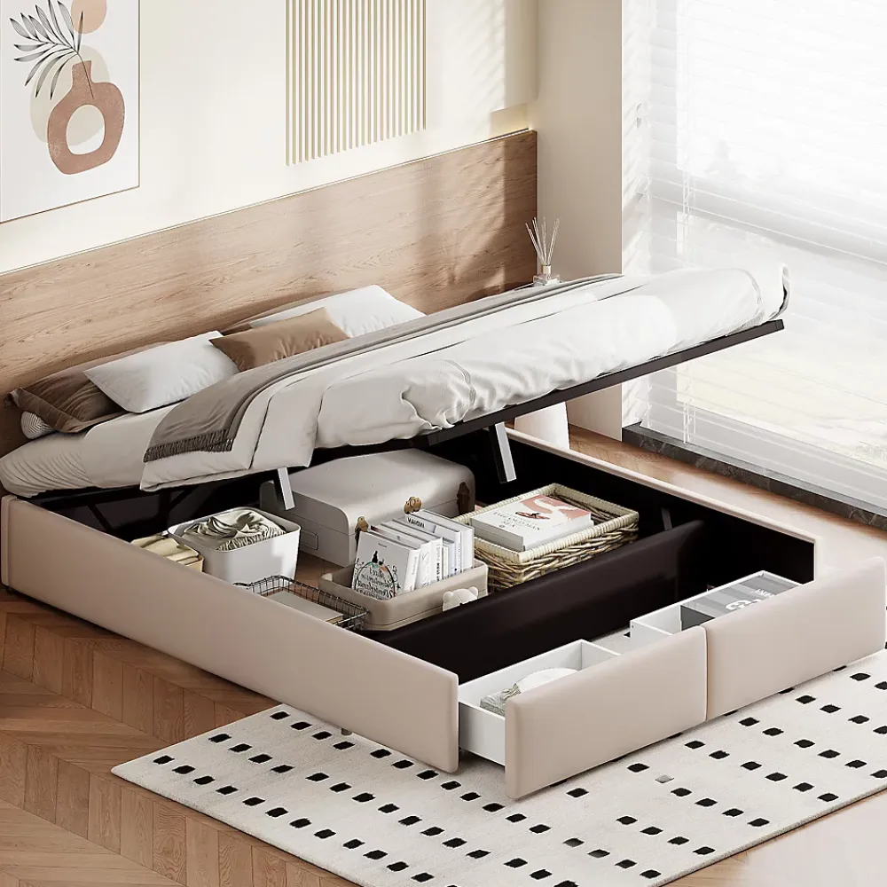 Generique Lit rembourré coffre 140x200 cm avec 2 tiroirs, lit adulte avec sommier à lattes, sans tête de lit, tissu en lin, beige* Lit Coffre