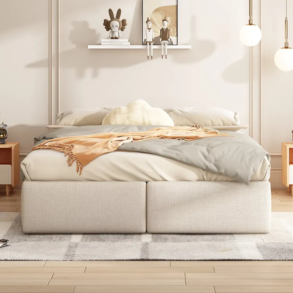 Generique Lit rembourré coffre 140x200 cm avec 2 tiroirs, lit adulte avec sommier à lattes, sans tête de lit, tissu en lin, beige* Lit Coffre
