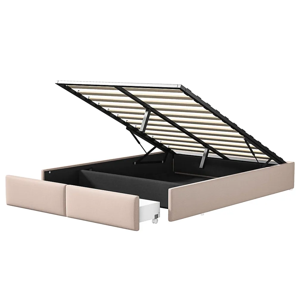 Generique Lit rembourré coffre 140x200 cm avec 2 tiroirs, lit adulte avec sommier à lattes, sans tête de lit, tissu en lin, beige* Lit Coffre