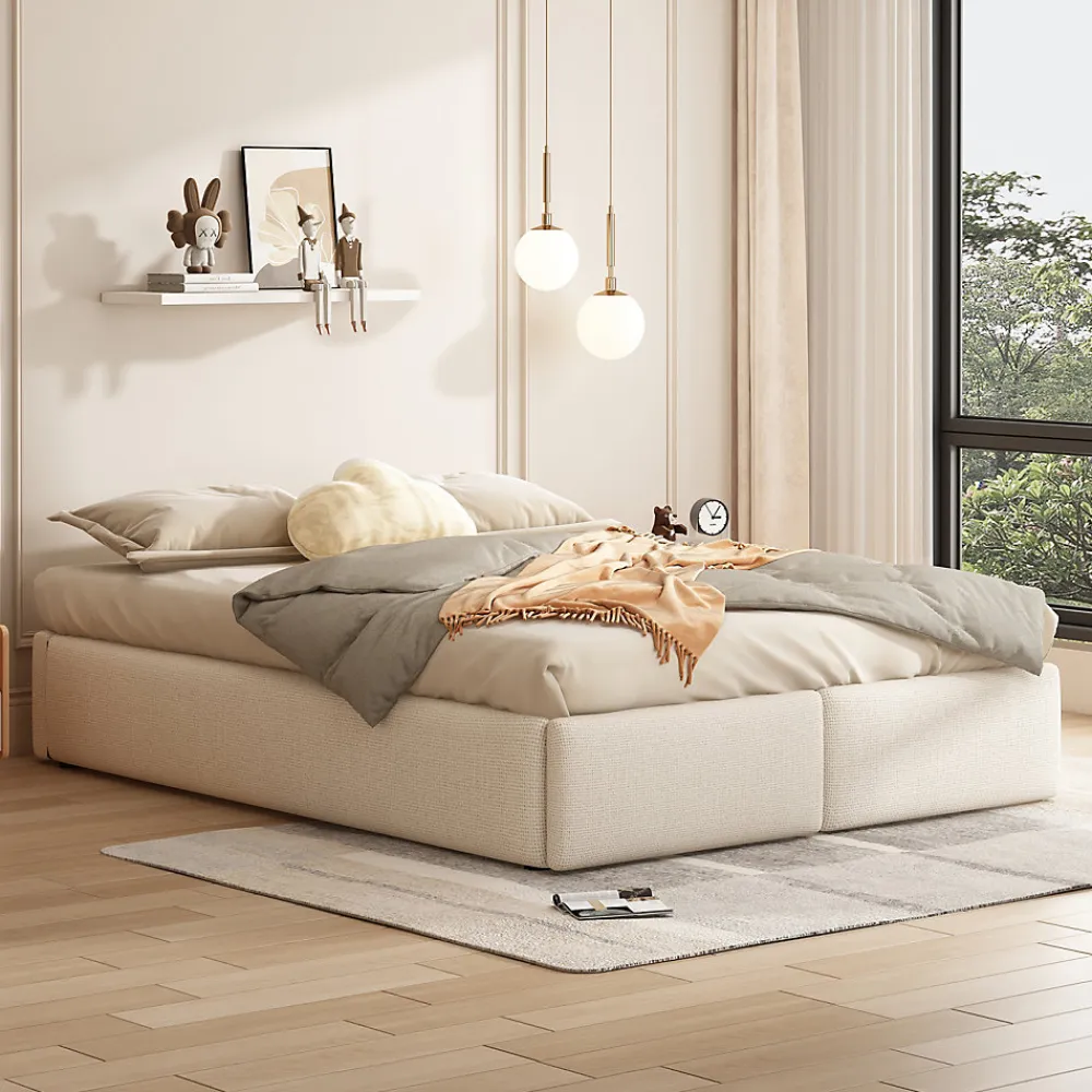 Lit rembourré coffre 140x200 cm avec 2 tiroirs, lit adulte avec sommier à lattes, sans tête de lit, tissu en lin, beige>ProximaX Clearance