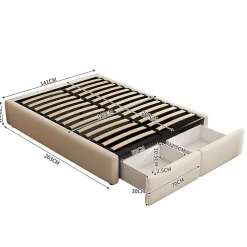 Lit rembourré coffre 140x200 cm avec 2 tiroirs, lit adulte avec sommier à lattes, sans tête de lit, tissu en lin, beige><noscript><img width=