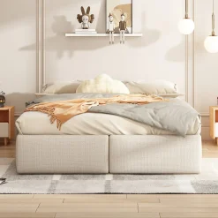 Lit rembourré coffre 140x200 cm avec 2 tiroirs, lit adulte avec sommier à lattes, sans tête de lit, tissu en lin, beige><noscript><img width=