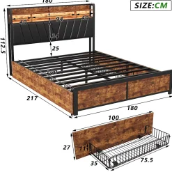 Simple Life Lit Rembourré En Métal 180 X 200 Cm Avec Tête De Lit, 4 Tiroirs, LED Et Station De Charge* Lit Coffre
