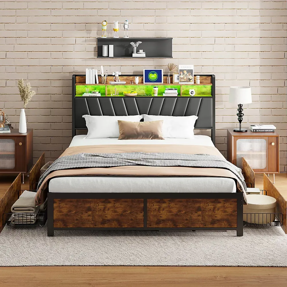 Simple Life Lit Rembourré En Métal 180 X 200 Cm Avec Tête De Lit, 4 Tiroirs, LED Et Station De Charge* Lit Coffre