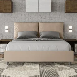 Lit rembourré en simili cuir gris tourterelle Antea sans sommier 160x200><noscript><img width=