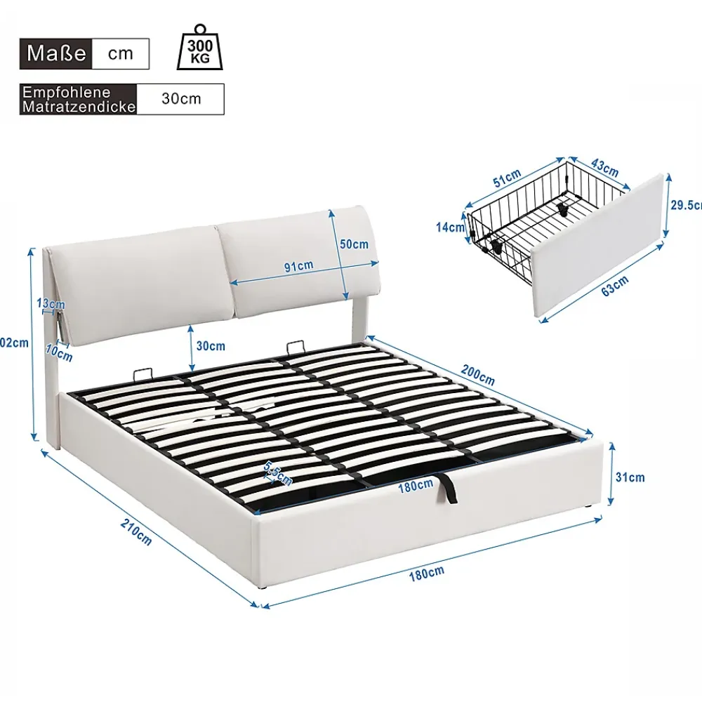 Gutent Lit rembourré hydraulique lit coffre 180x200 cm lit de rangement lit trois tiroirs lit cadre et tête de lit à lattes velours blanc* Lit Coffre