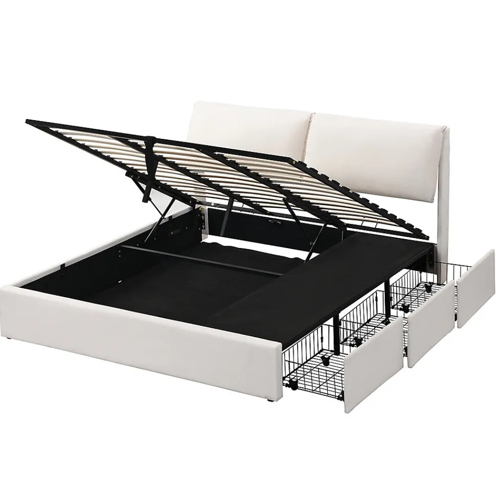 Gutent Lit rembourré hydraulique lit coffre 180x200 cm lit de rangement lit trois tiroirs lit cadre et tête de lit à lattes velours blanc* Lit Coffre
