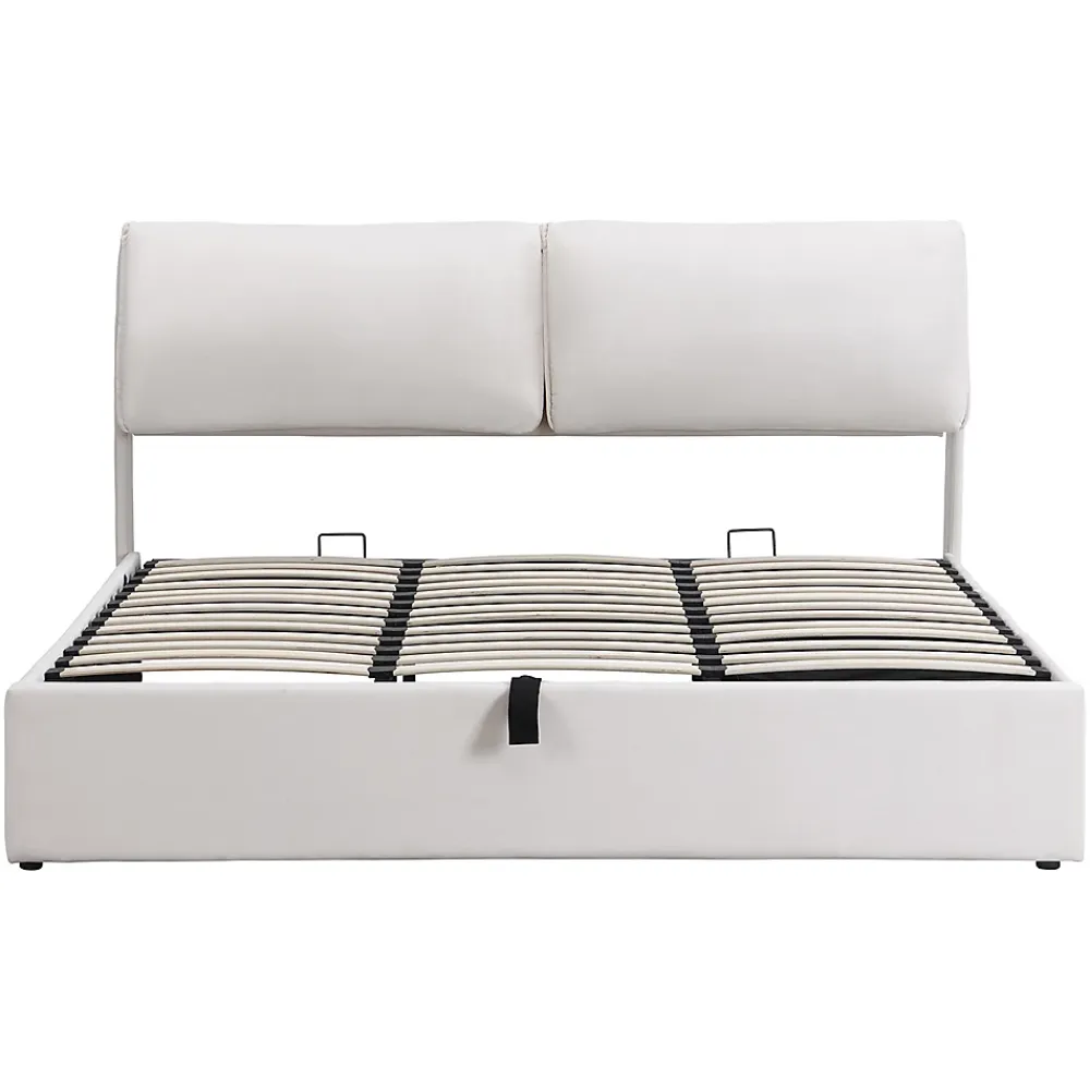 Gutent Lit rembourré hydraulique lit coffre 180x200 cm lit de rangement lit trois tiroirs lit cadre et tête de lit à lattes velours blanc* Lit Coffre