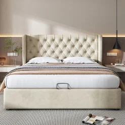 Lit rembourré hydraulique 180x200cm, lit double, lit fonctionnel avec sommier à lattes et espace de rangement,tissu velours,beige>Gutent Sale