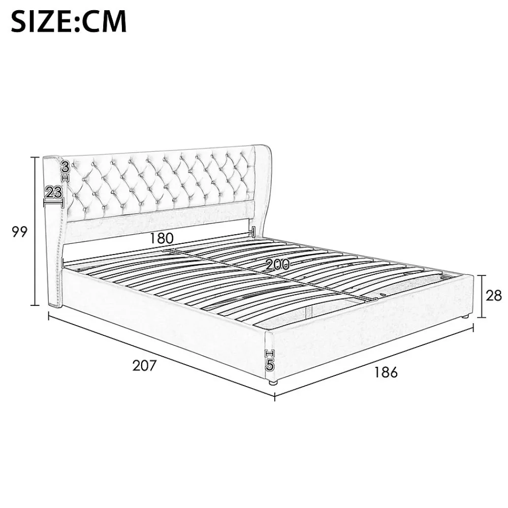 Lit rembourré hydraulique 180x200cm, lit double, lit fonctionnel avec sommier à lattes et espace de rangement,tissu velours,beige>Gutent Sale