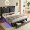 Lit rembourré hydraulique 140x190cm, tiroirs de rangement, avec sommier à lattes, sans matelas, velours, gris>Gutent