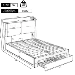 Lit rembourré hydraulique 140x190cm, tiroirs de rangement, avec sommier à lattes, sans matelas, velours, gris><noscript><img width=